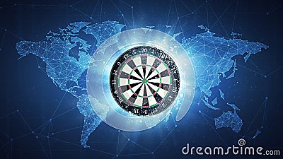 Darts board flying on world map background. Stock Photo