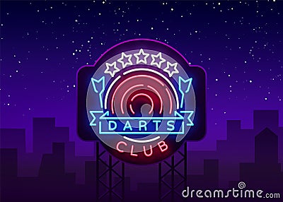 Darts Club Logo in Neon Style. Neon Sign, Bright Night Advertising, Light Banner. Vecton illustration. Billboard Vector Illustration