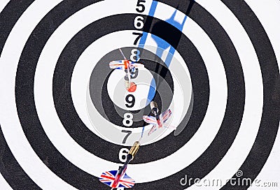 Darts with colored arrows top view Stock Photo