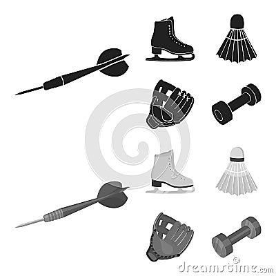 Darts darts, white skate skates, badminton shuttlecock, glove for the game.Sport set collection icons in black Vector Illustration