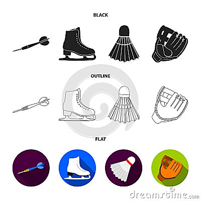 Darts darts, white skate skates, badminton shuttlecock, glove for the game.Sport set collection icons in black,flat Vector Illustration