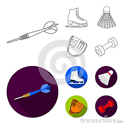 Darts darts, white skate skates, badminton shuttlecock, glove for the game.Sport set collection icons in outline,flat Vector Illustration