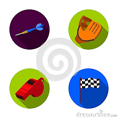 Darts for the game of darts, whistle for the referee, glove for playing baseball, checkbox for the football field. Sport Vector Illustration