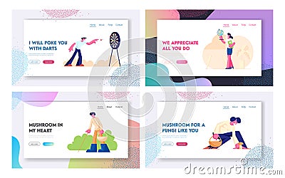 Darts Game, Geography Teacher, People Pick Up Mushrooms Website Landing Page Set, Man Throw Dart to Aim, Woman with Globe Vector Illustration