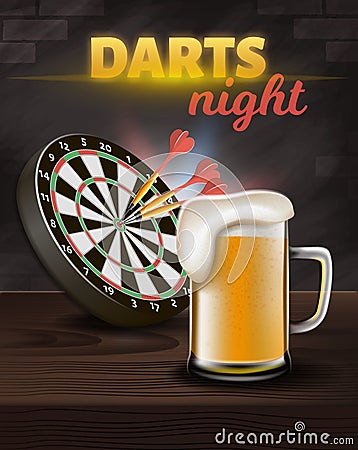 Darts Night Vertical Banner, Aim Board with Darts Vector Illustration