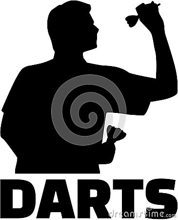 Darts player. Silhouette with word. Vector Illustration