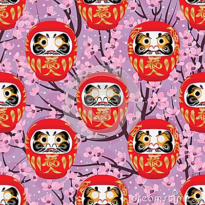 Daruma cherry seamless pattern Vector Illustration