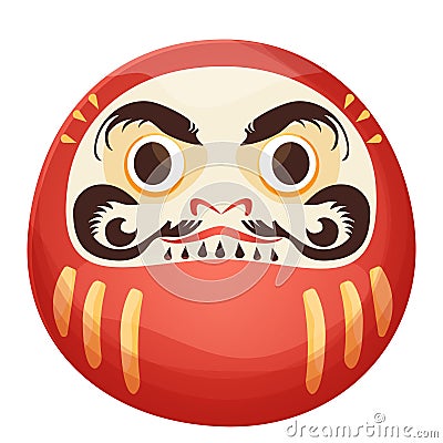 Daruma red traditional japan doll talisman with angry face, geld elements in cartoon style isolated on white background. Vector Illustration