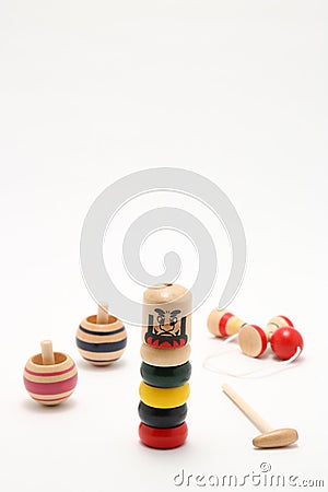 `Darumaotoshi`,`Kendama`,and `Koma` traditional Japanese toys Stock Photo