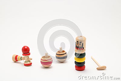 `Darumaotoshi`,`Kendama`,and `Koma` traditional Japanese toys Stock Photo