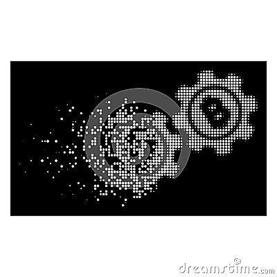 Bright Moving Pixelated Halftone Dash Bitcoin Gears Icon Vector Illustration