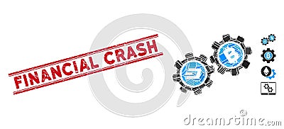 Dash Bitcoin Gears Mosaic and Grunge Financial Crash Seal with Lines Vector Illustration