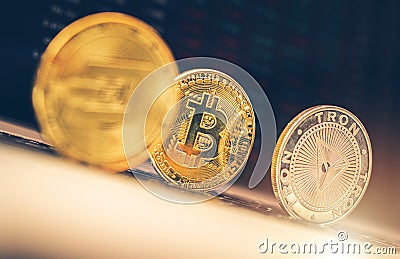 Dash Bitcoin and Tron Coins Editorial Stock Photo