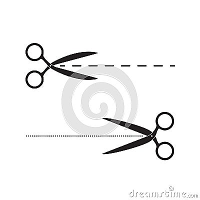 Dash and dotted cut lines. Scissors flat web icons. Vector illustration isolated on white background Vector Illustration