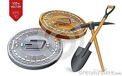 Dash mining concept. 3D isometric Physical bit coin with pickaxe and shovel. Digital currency. Cryptocurrency. Golden and silver D Cartoon Illustration