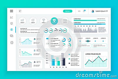Dashboard admin panel vector design template with infographic elements, chart, diagram, info graphics Vector Illustration