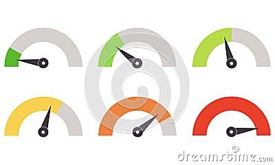 Dashboard colorful speedometer icons set. Performance indicator sign. Fast internet speed sign. Flat vector illustration Vector Illustration