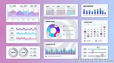 Dashboard diagram. Modern admin panel kit with graphs charts and progress bars, futuristic tech panel and data monitor Vector Illustration