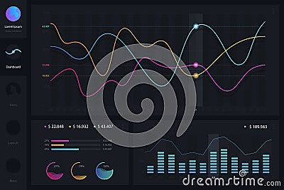 Dashboard infographic template with modern design annual statistics graphs. Pie charts, workflow, UI elements. Vector EPS 10 Vector Illustration