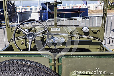Dashboard and interior of vintage italian off-road veteran car model Fiat Campagnola AR 51 in military green color, manufactured Editorial Stock Photo