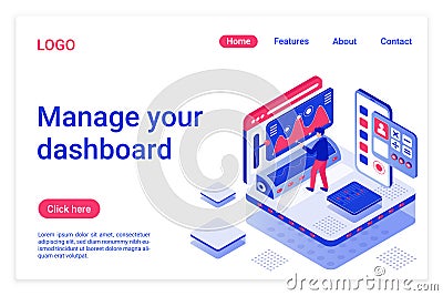 Dashboard management isometric landing page template. Computerized workspace organization. Preparing KPI data analysis Vector Illustration