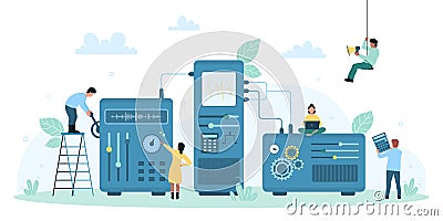 Dashboard performance, tiny people measure benchmark results of product with tech system Vector Illustration