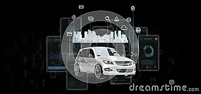 Dashboard smartcar interface with multimedia icon and city map on a background 3d rendering Stock Photo