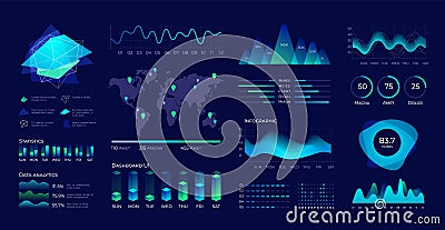 Dashboard UI. Futuristic data panel with user interface elements, diagrams and charts. Vector data analytic and Vector Illustration