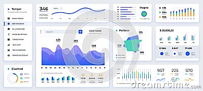 Dashboard UI. Modern presentation with data graphs and HUD diagrams, clean and simple app interface. Vector abstract web Vector Illustration