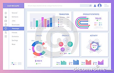 Dashboard ui. Statistic graphs, data charts and diagrams infographic template vector illustration Vector Illustration