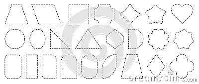 Dashed line frames. Dash dotted square circle linear borders, simple rectangle oval hexagon triangle heart star outline Vector Illustration