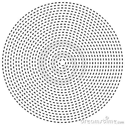 Dashed lines concentric, radial circles. Periodic, segmented lines with gaps. Bits, pieces, particles orbitting. Irregular line Vector Illustration