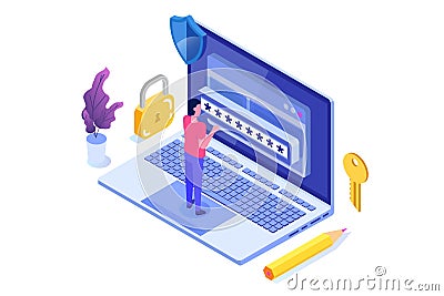 Data Access, Password isometric concept. Login form on screen. Vector Illustration