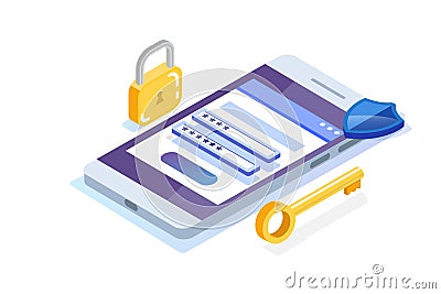 Data Access, Password isometric concept. Login form on screen. Vector Illustration