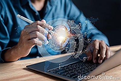 Data analysis of ai artificial intelligence process with technology processor to planning business information data, tech, network Stock Photo