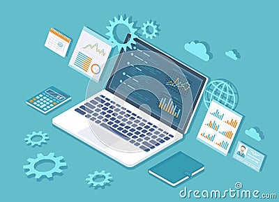 Data analysis, analytics, statistics, audit, research, report, business results. Web and mobile service. Financial reports, chart Vector Illustration