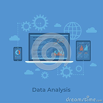 Data analysis. Analytics, statistics, audit, research, report. Web online and mobile service. Financial reports, charts graphs Vector Illustration