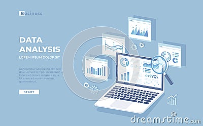 Data analysis, audit, research, analytics, reporting concept. Web and mobile service. Financial reports, charts graphs on a laptop Vector Illustration