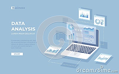 Data analysis, audit, research, finance analytics, reporting concept. Web and mobile service. Charts, graphs, report, visualizatio Vector Illustration