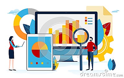 Data analysis. Business content. graph, pie chart, info graphic. Flat cartoon miniature illustration vector graphic Vector Illustration