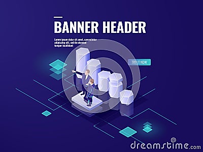 Data analysis and business statistic icon isometric, teamwork, two businessmen stay on the platform, data Vector Illustration