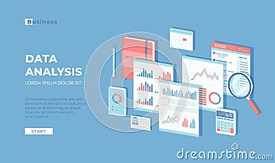 Data analysis concept, audit SEO Analytics StatisticsS trategic Report Management. Charts, graphics on documents, magnifying glass Vector Illustration