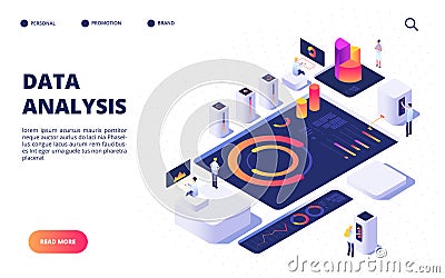 Data analysis concept. Business team build digital infographic with dashboard, charts and diagrams. Landing page vector Vector Illustration