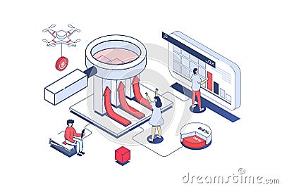 Data analysis concept in 3d isometric design. Analyst team working with graphs and charts, creating business reports, research Vector Illustration