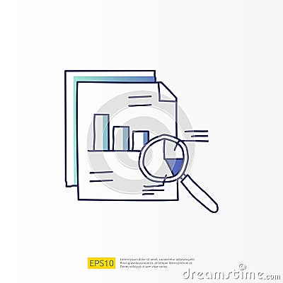 data analysis concept doodle gradient fill line icon with magnifier and graphic chart document. Statistics science, digital Vector Illustration