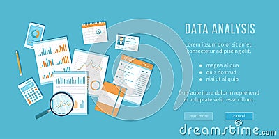 Data analysis concept. Financial Audit, analytics, statistics, strategic, report, management. Magnifying glass over documents Vector Illustration