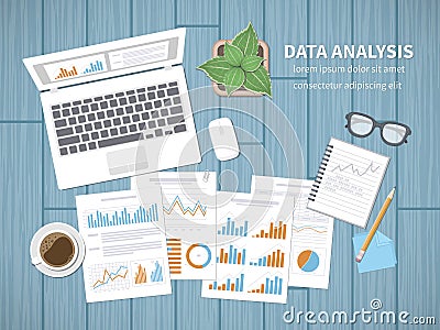 Data analysis concept. Financial Audit, SEO analytics, statistics, strategic, report, management. Charts graphics on a screen Vector Illustration