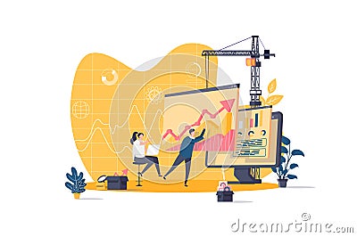 Data analysis concept in flat style. Analyst analyzing growing diagram scene. Financial predictive analytics and Vector Illustration