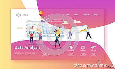 Data Analysis Concept Landing Page. Flat People Characters Building Dashboard Graph Website Template. Easy Edit Vector Illustration