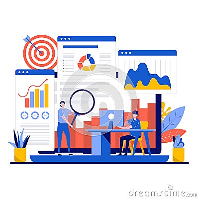 Data analysis concept with tiny character. Teamwork of business analysts charts and diagrams of sales management statistics and Cartoon Illustration